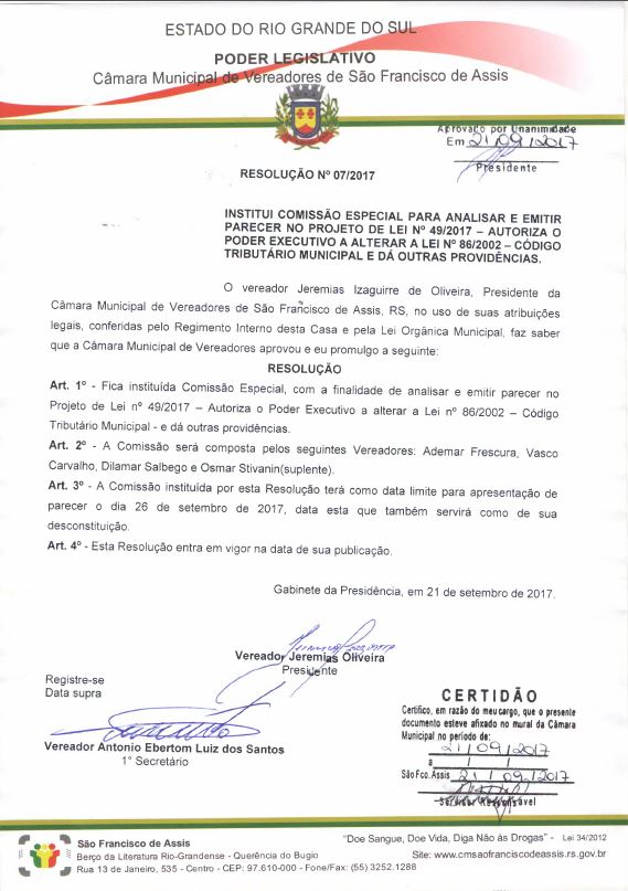 Projeto de Resolução nº 07.2017