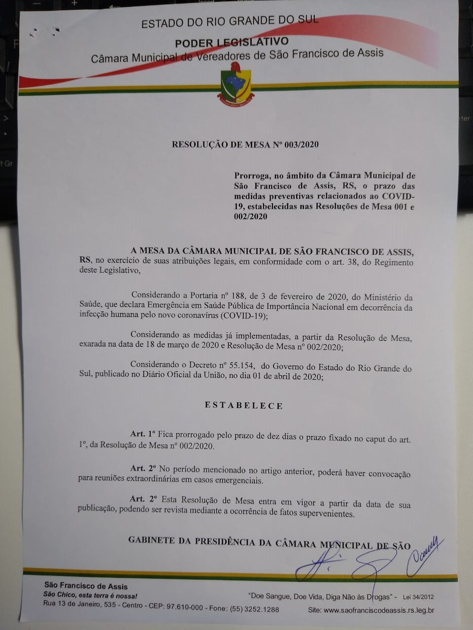RESOLUÇÃO DE MESA Nº 003/2020 DA CÂMARA MUNICIPAL DE VEREADORES